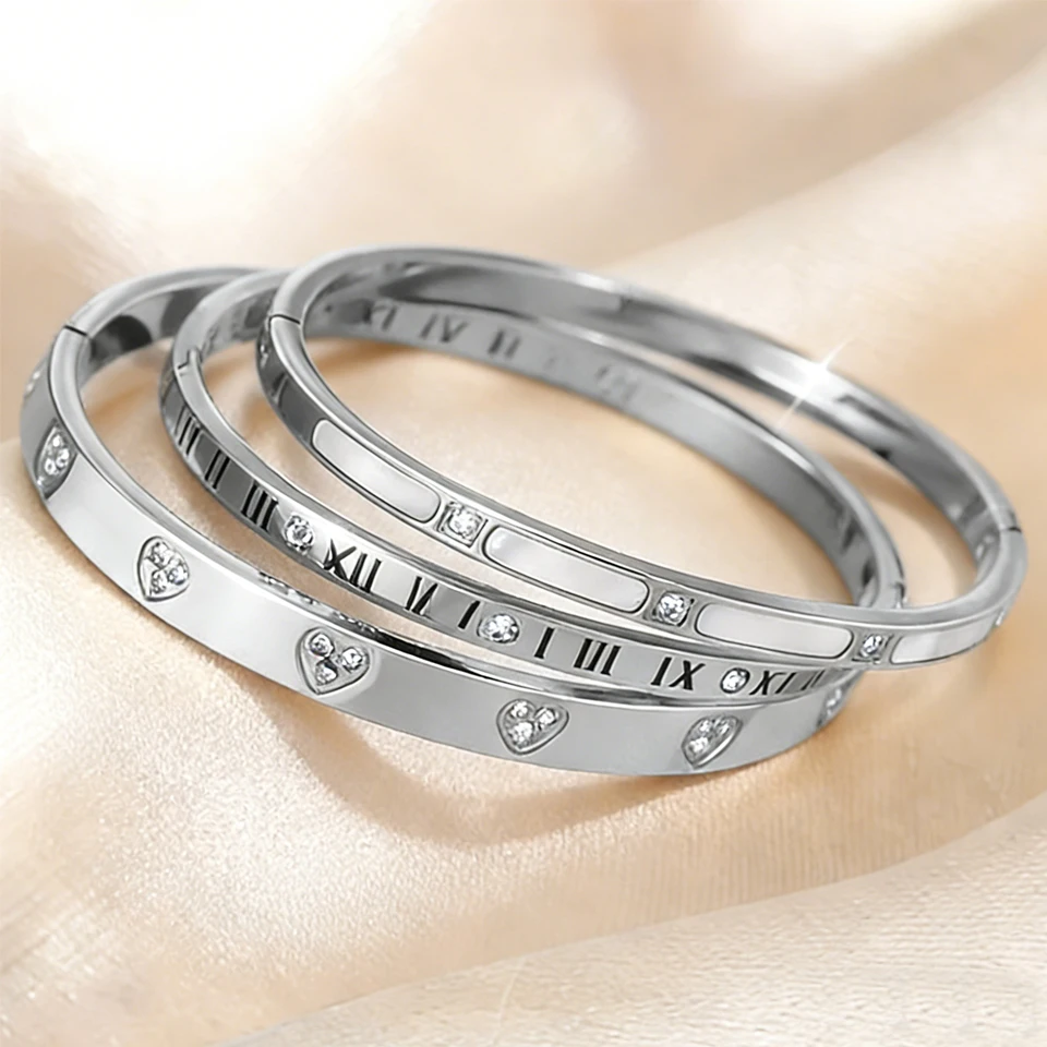 Yupsk 1/3pcs Classic Zircon Inlaid Stainless Steel Bracelet Roman Numeral Heart Design Bangles Exquisite Jewelry Gift