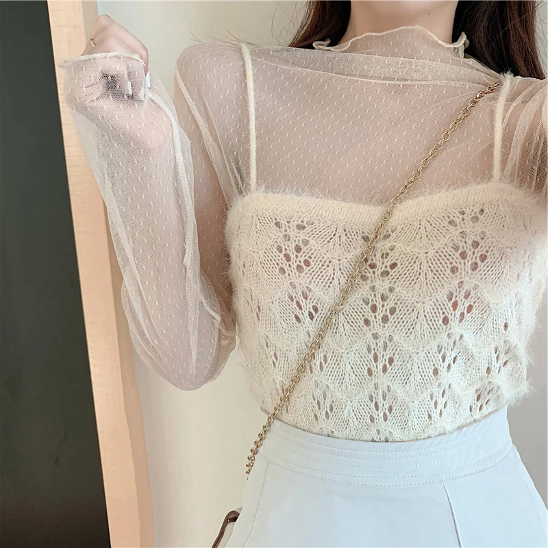 Women Lace T Shirt Transparent Mesh Tops Sheer Blouses Perspective Tshirt Basic Tops Ladies O Neck See-Through Long Sleeve Tops