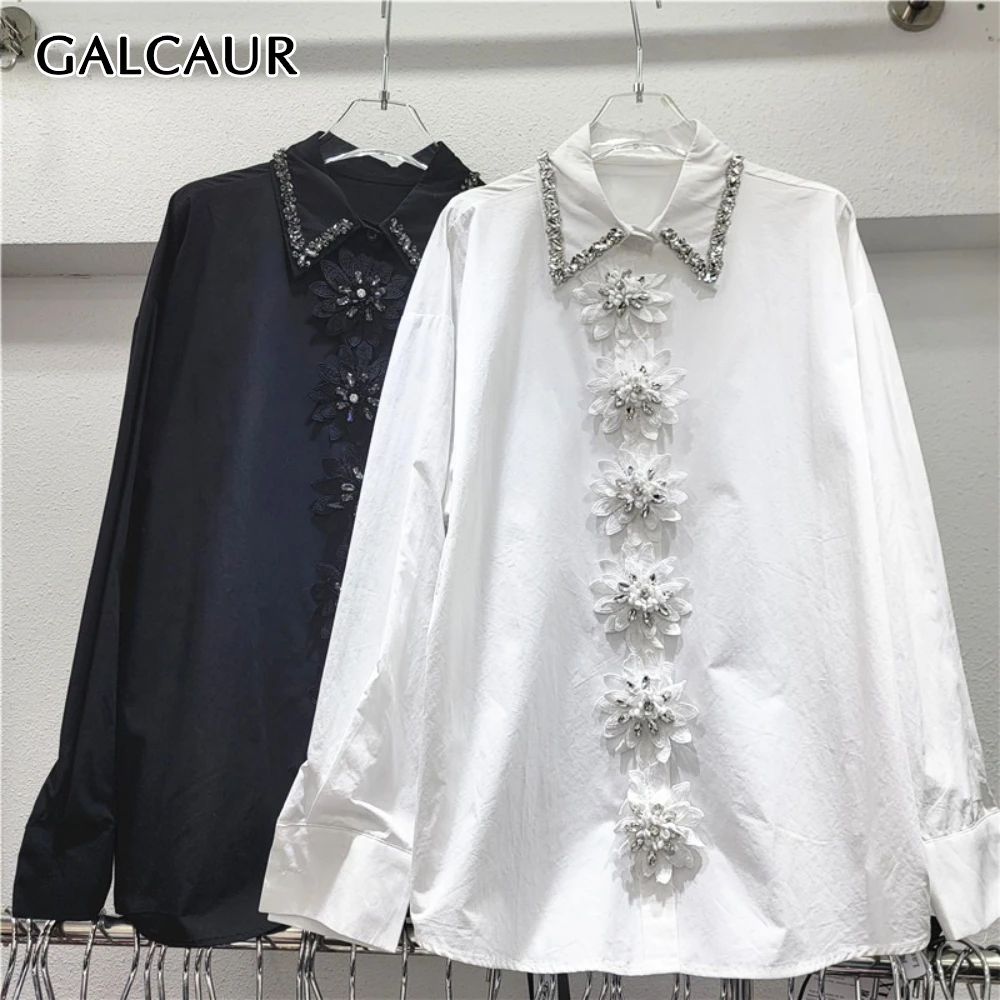 

GALCAUR Solid Spliced Beading French Shirt Female Lapel Long Sleeve Loose Temperament Design Women's Shirts Autumn Fashion New
