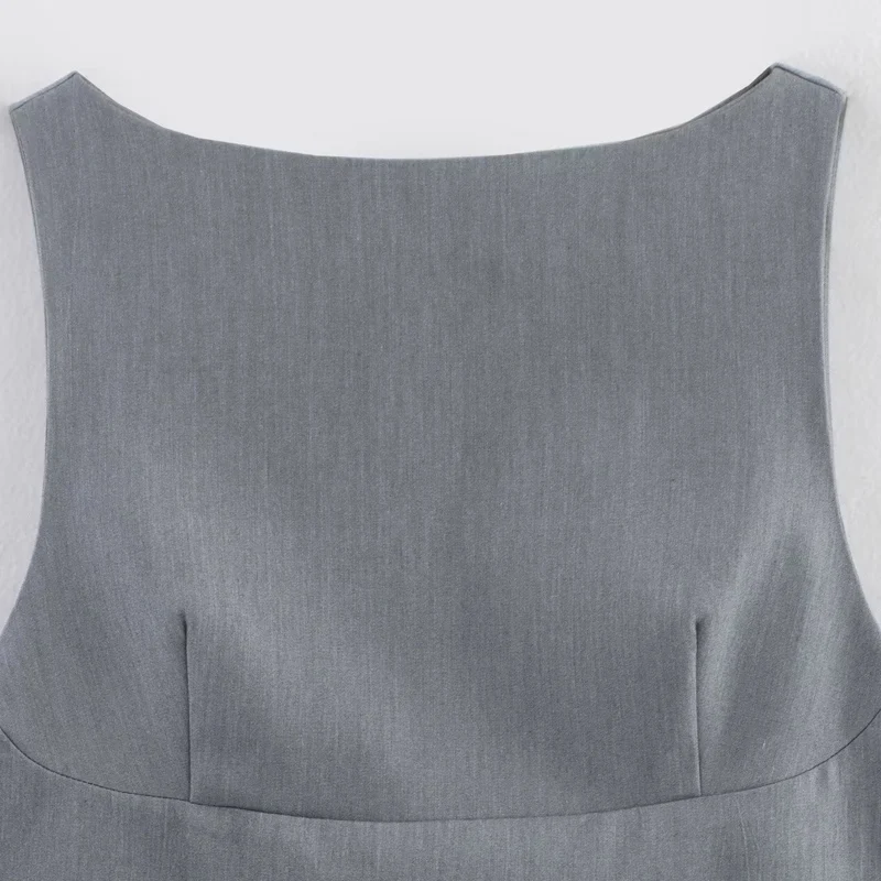 TRAF Abito patchwork plissettato da donna Estate 2025 Donna Mini Abiti senza maniche grigi Moda O-Collo Abito corto in popeline a contrasto