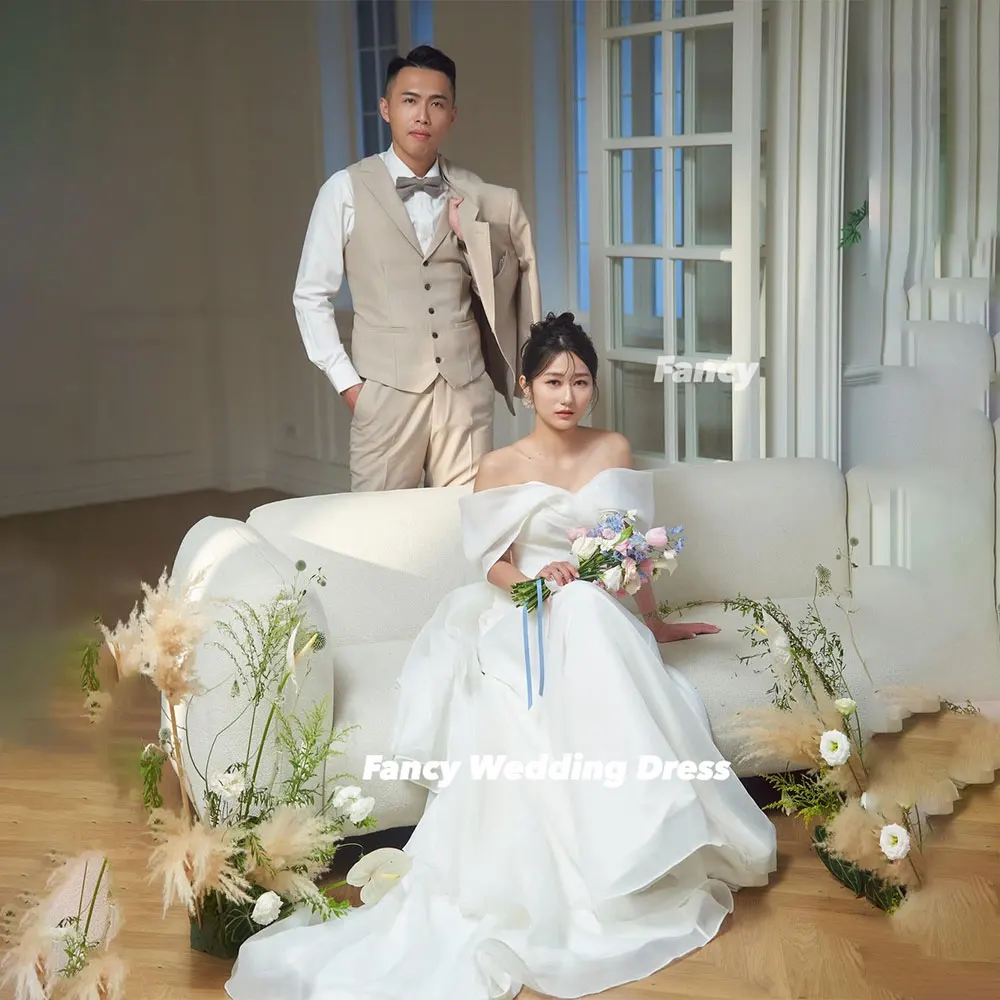 Fancy Elegant Organza Wedding Dress Korea Photoshoot A Line Short Sleeve Bridal Gown Back Corset Evening Dress Customized