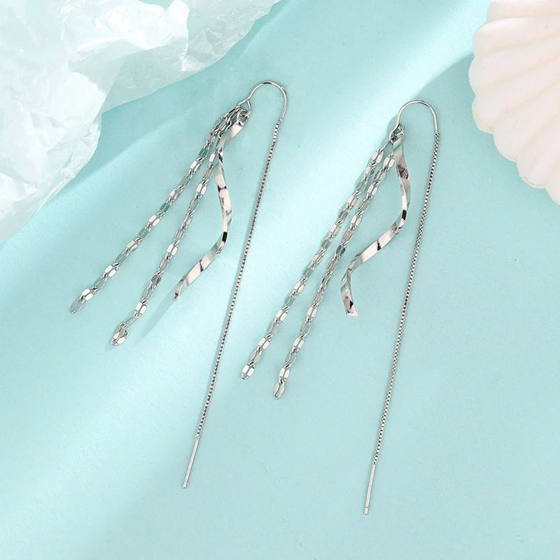 Lips Chain Wavy Ear Line Fairy Temperament Long Ear Chain Fashion Sparkling Sequin Curve Tassel Earrings 925 Silver Jewelry Girl