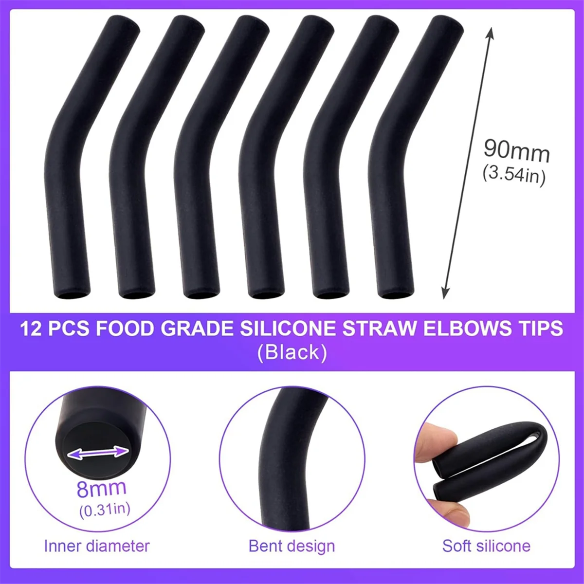 Silicone Straw Tips Reusable Straw Replacement Tip for 8MM Outdiameter Wide Stainless Steel Metal Straws Black