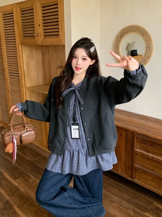 

plus Size Women's Plaid Long Sleeve Shirt Autumn Winter New Style Loose Versatile Woolen Coat Korean Style High Waist Button up
