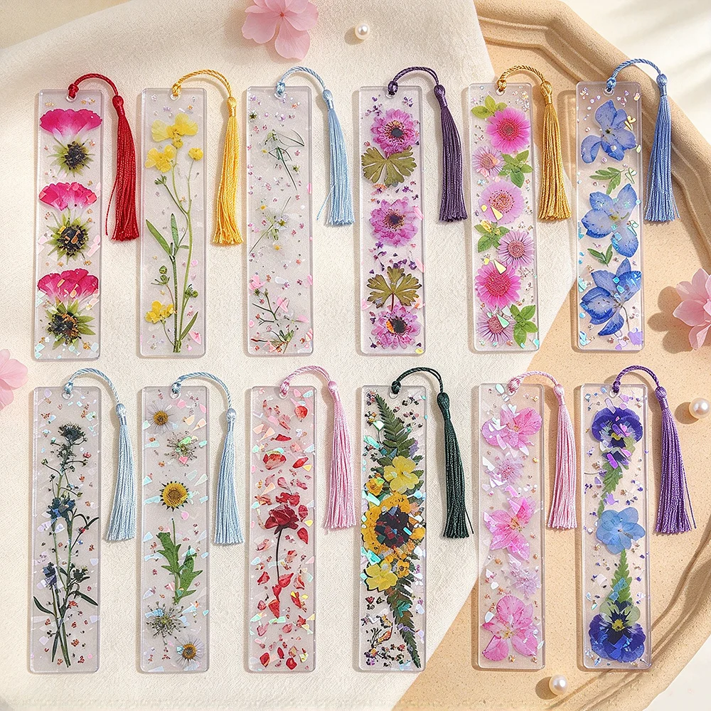 Floral Acrylic Bookmark with Tassel Nature Lover Reading Accessory Pressed Flower Page Marker for Home Library Mother's Day Gift