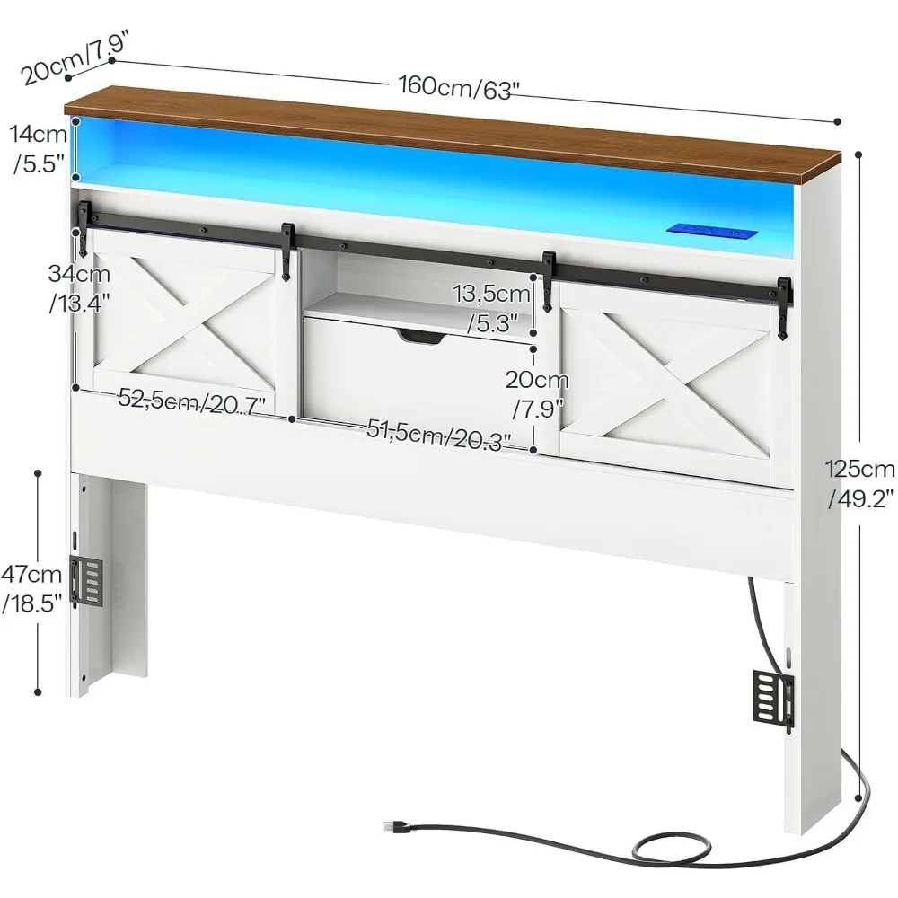 اللوح الأمامي بحجم كوين مع مساحة تخزين، ولوح أمامي Farmhouse Queen فقط مع محطة شحن وأضواء LED، ولوح أمامي لخزانة الكتب #2
