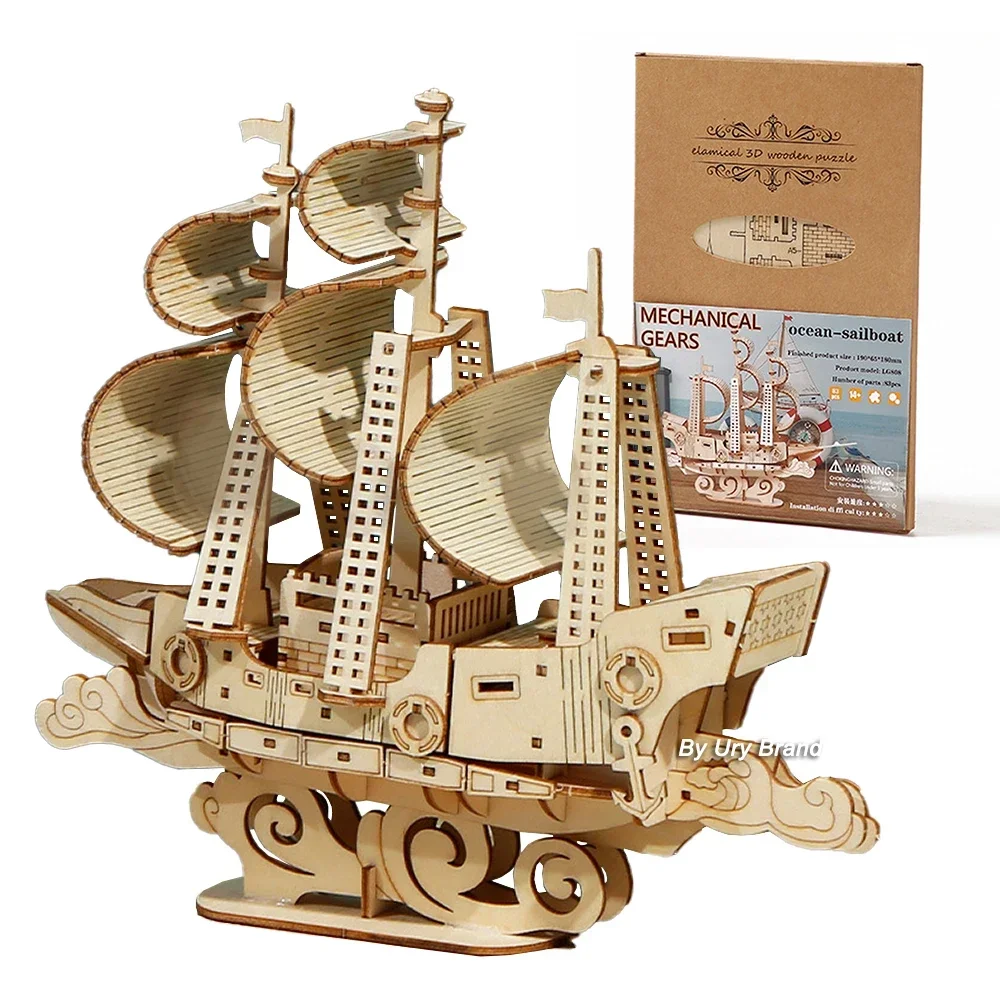 URY DIY 3D Wooden Puzzle Retro Style Sailboat Shipping Model Kits Toys Handmade Set Home Desktop Decoration Christmas Gifts