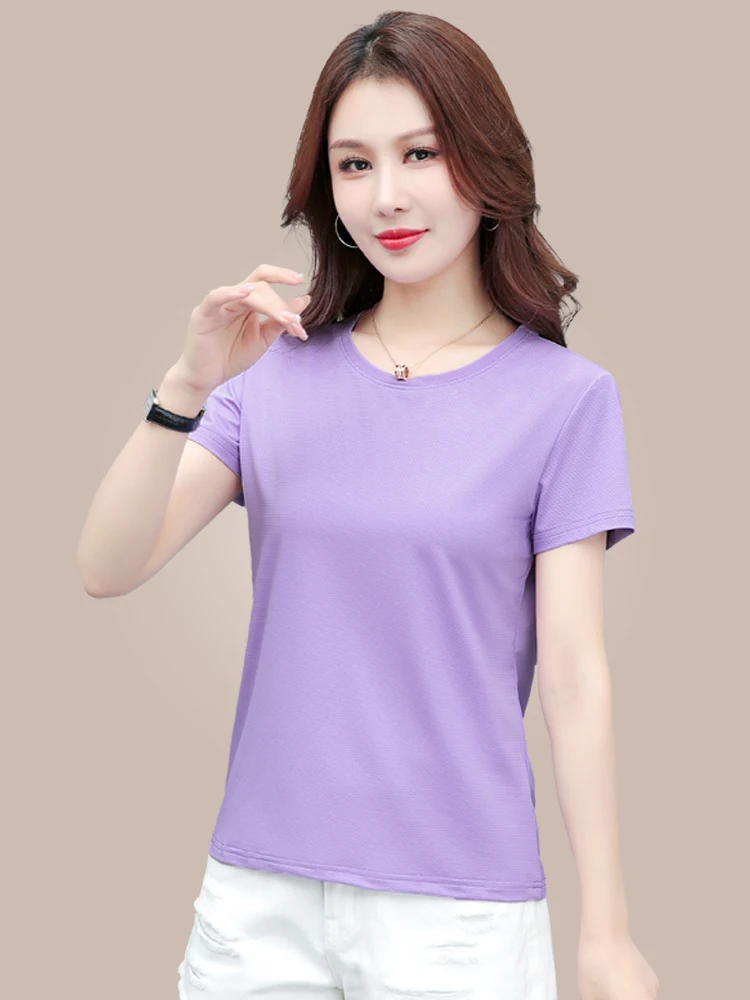 

Qui Dry Breathable Thin round Ne ort Sve Spor Pure Color Women's T-irt Summer New Faion Base irt Top