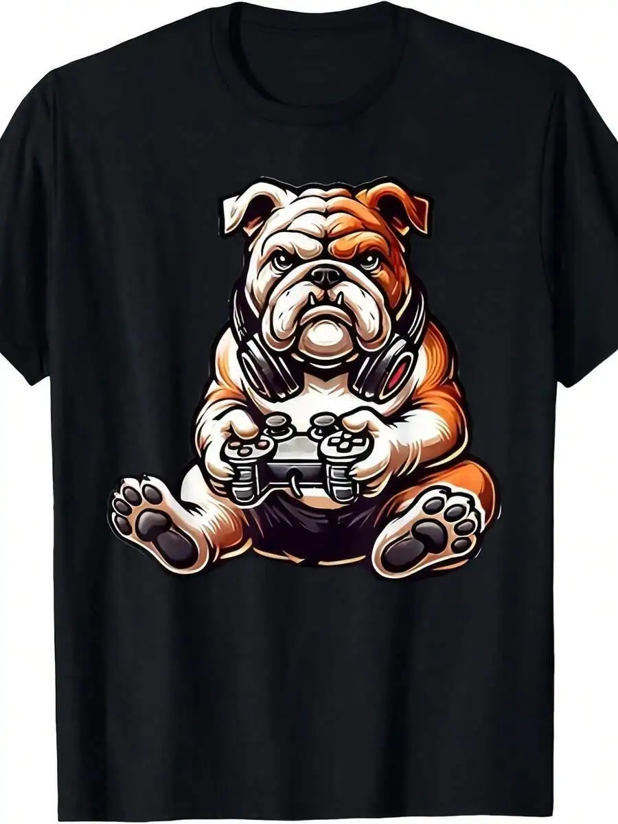 Camiseta con capucha para hombre con diseño de Bulldog Inglés y juegos divertidos, de algodón suave y transpirable - Camiseta informal negra con cuello redondo, humor, 100% algodón, estilo Y2K, manga corta, suave, de secado rápido, absorbe la humedad, gran regalo para Navidad o Halloween.