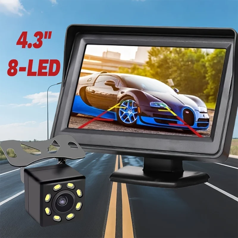 4.3-Inch LCD Screen Reversing Camera System, 480P HD Night Vision with 8-LED Lights for Enhanced Visibility, Suitable for Car