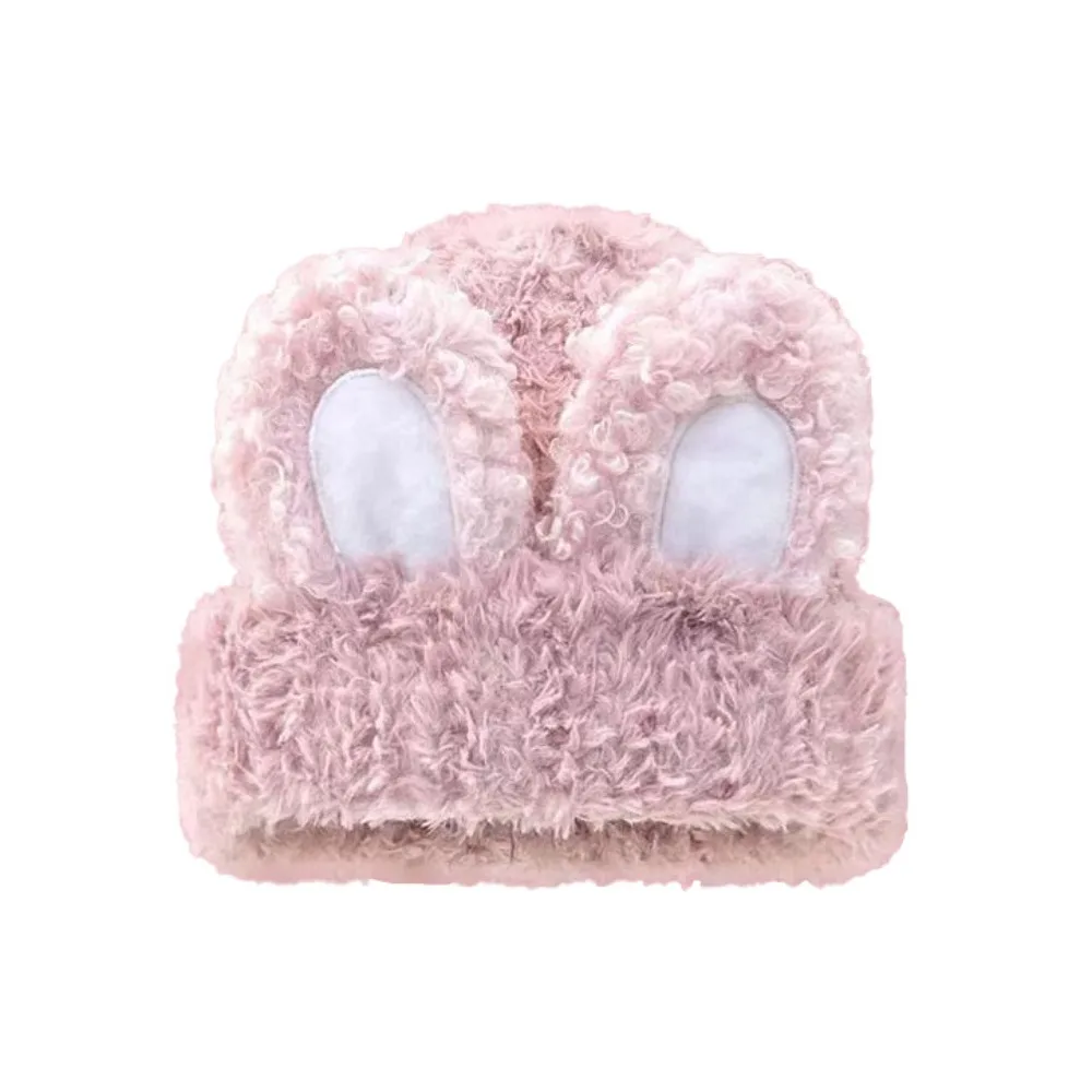 

Fluffy Rabbit Ear Beanies Solid Color Elastic Knitted Plush Hat Thicken Comfortable Winter Outdoor Warm Cap Autumn Winter