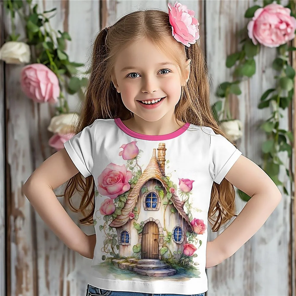 

Children's Clothing Girl T-Shirt Short Sleeve Cute 3D Flower Print Kids Summer Clothes Casual Kawaii Round Neck Girl Clothes Top