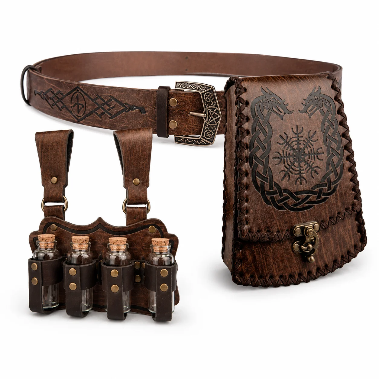 Medieval Viking Leather Belt Set with Pouch and Potion Holders, Adjustable Waist Accessories for LARP, Cosplay, and Renaissance