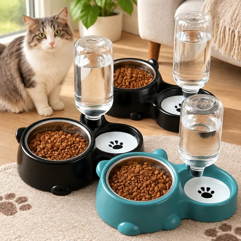 Gravity-Driven Pet Feeding and Watering Station with Tilted Dispenser, Electric-Free for Dogs and Cats