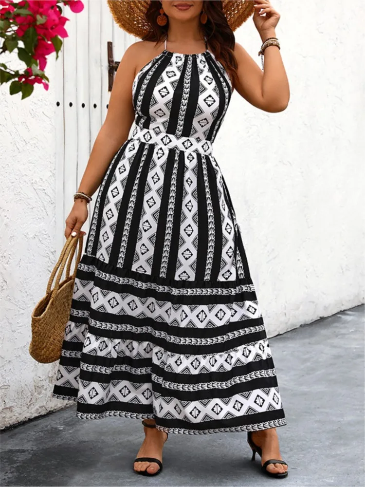 Plus Size Summer Sleeveless Dress Women Backless Sexy Fashion Geometric Print Ladies Dresses Loose Ruffle Pleated Woman Dress