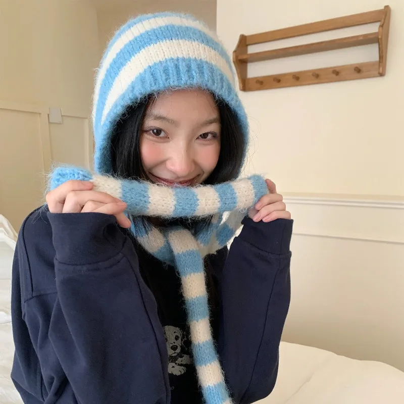 Koreanische Gestreifte Gestrickte Pullover-Bombermütze Winter Warmer Ohrenschutz Schal Integrierter Nackenschutz Sturmhaube für Damen – Detail 2
