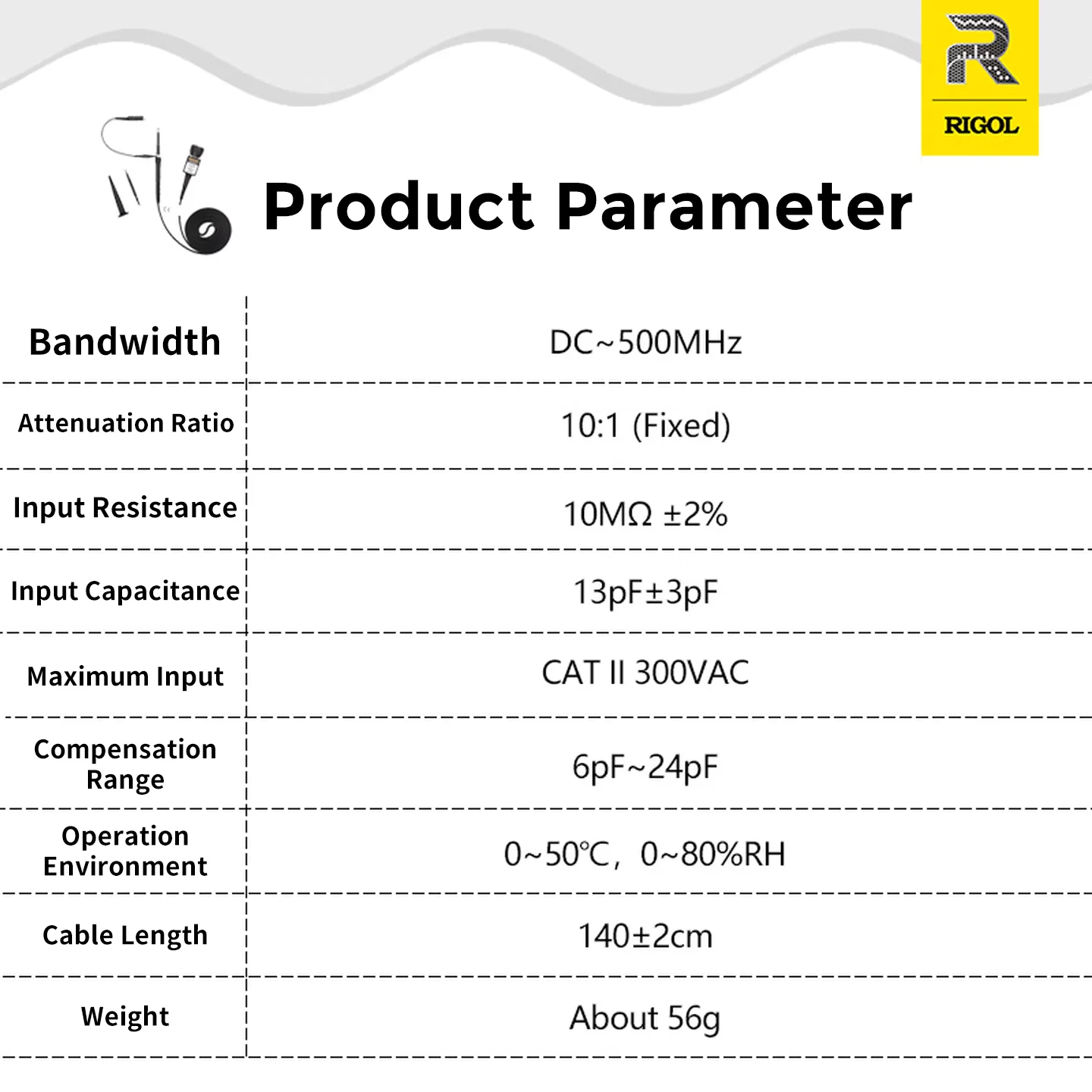 RIGOL RP3500A Passive Probe 500M Bandwidth 10X Attenuation Ratio 10MΩ Input Resistance Max. Input 300VAC for CAT II