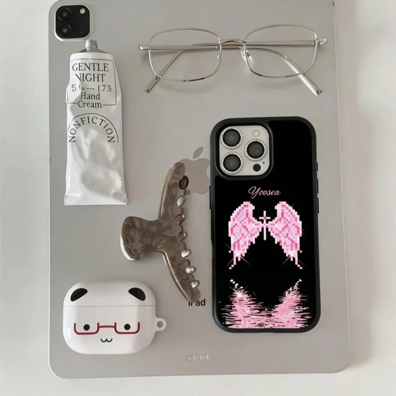 Funda de Silicona para iPhone 17 Air 16 Pro Max 15 14 Plus 13 12 11 con Diseño de Alas de Ángel Estilo Pixel Rosa Y2K