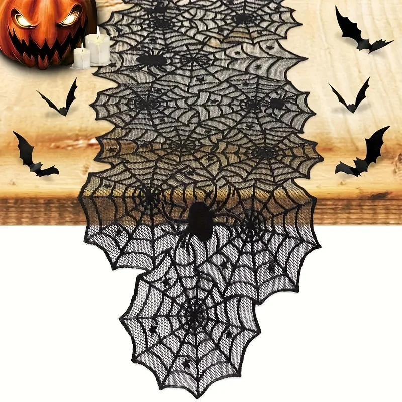 Halloween Polyester Lace Table Runner|Spider Web Table Decoration for Halloween Party,Festive Event Restaurant And Kitchen Decor