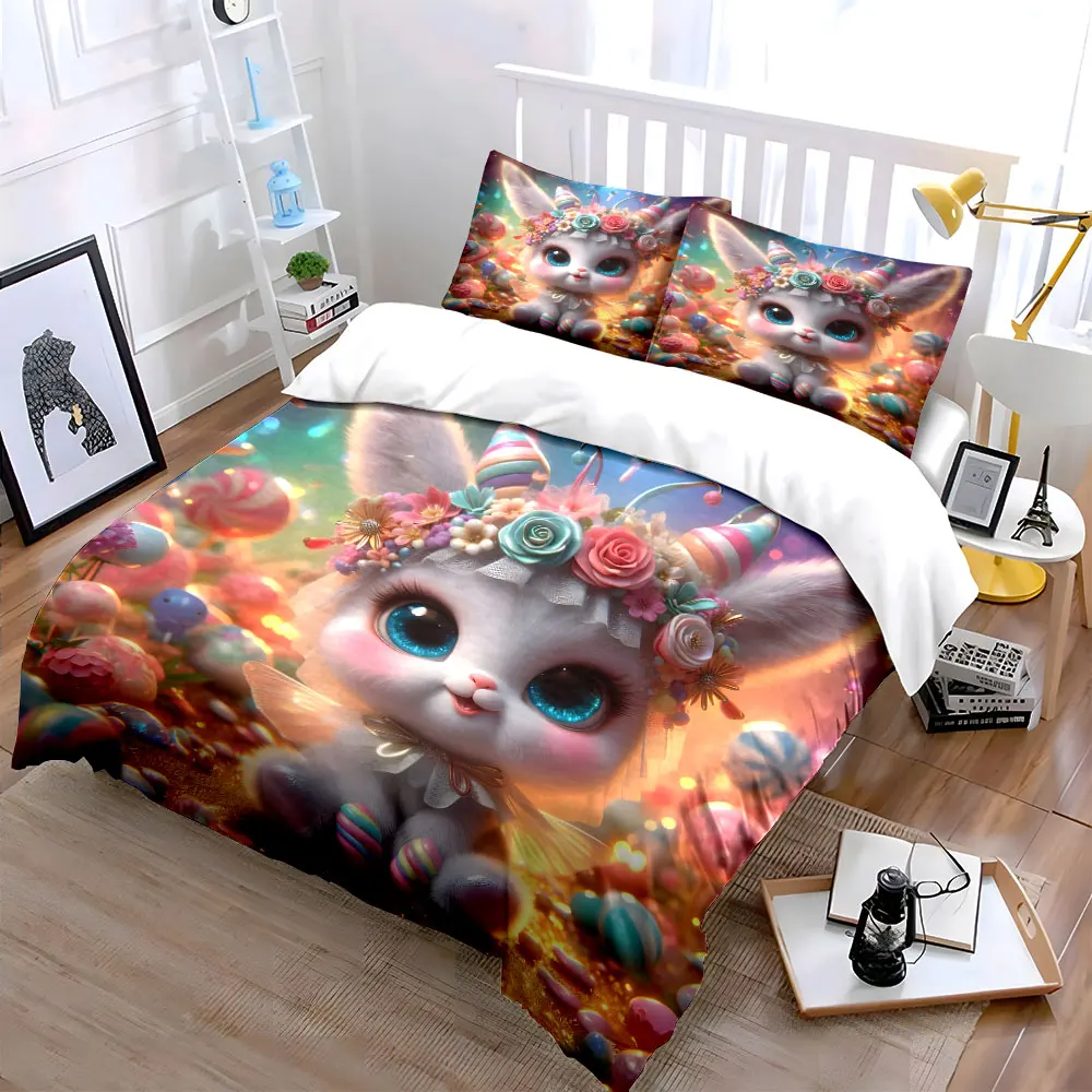 Dreamy candy bunny decorations Print Bedding Set 1 Duvet Cover 2 Pillowcases for Adult and Children Luxury Gift Full Size