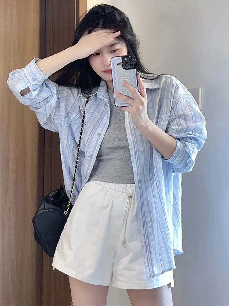 

Blue Striped Lightweight Women's Summer UV Protection Shirt Thin Outerwear Cardigan Spring Autumn Small Size Breathable