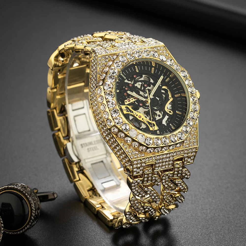 Luxury Mechanical Wristwatch For Men Fashion Full Diamond Luminous Automatic Watch Top Brand Iced Out Bling Crystal Male Clock