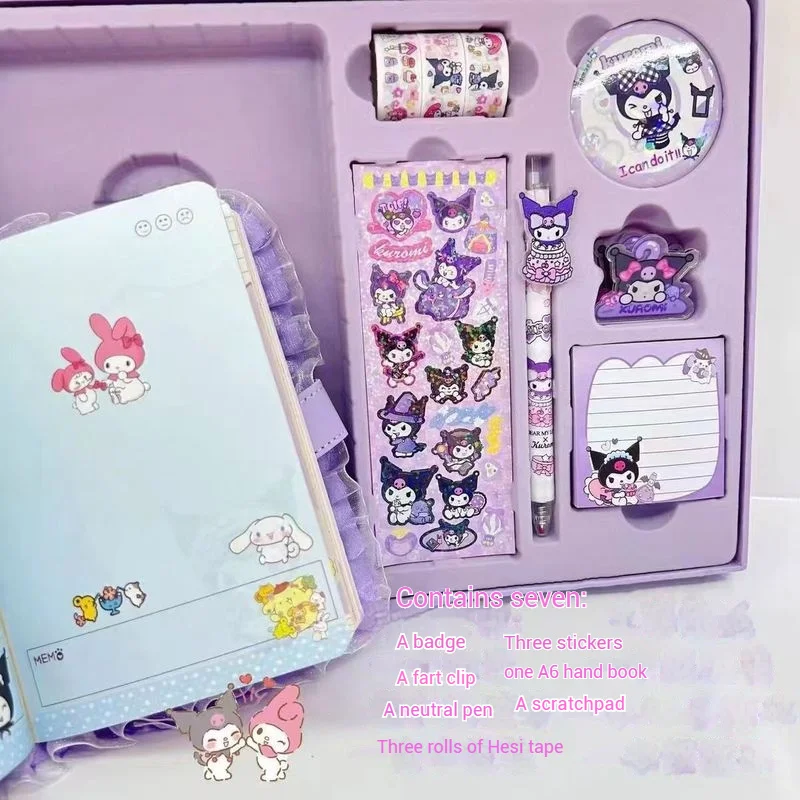 New Sanrio Hand Ledger Bar Set Cute Girl Heart Stationery Combination Sticker Badge Notebook Gift Box for Students