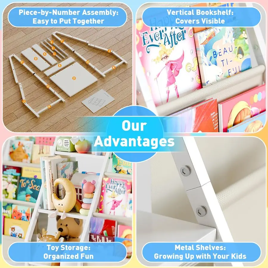 منظم تخزين ألعاب رف الكتب خزانة كتب للأطفال على الوجهين مع 3 طبقات، رف كتب أبيض للأطفال الصغار لغرفة النوم والحضانة وغرفة اللعب #5