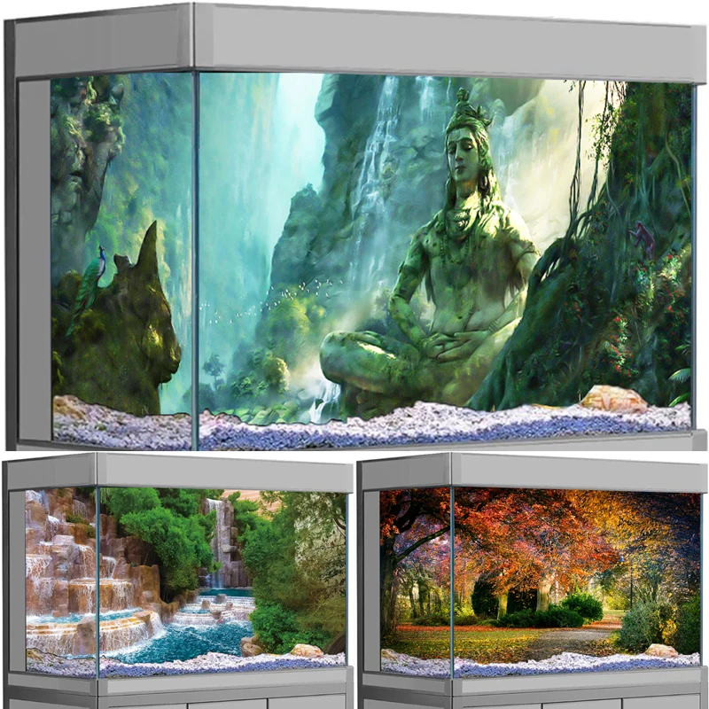 

3D Buddha Landscape Aquarium Background Sticker Rockery Waterfall Print PVC Backdrop for Fish Tank Reptile Tank Decoration
