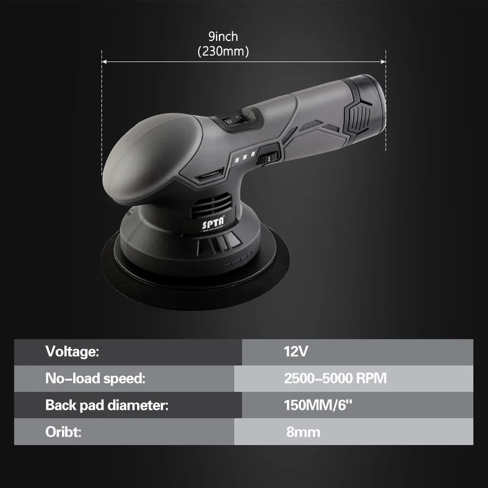 SPTA 12V Cordless Polisher DA Buffer with 2 2.0Ah Battery Variable Speed Dual Action Machine Kit for Waxing