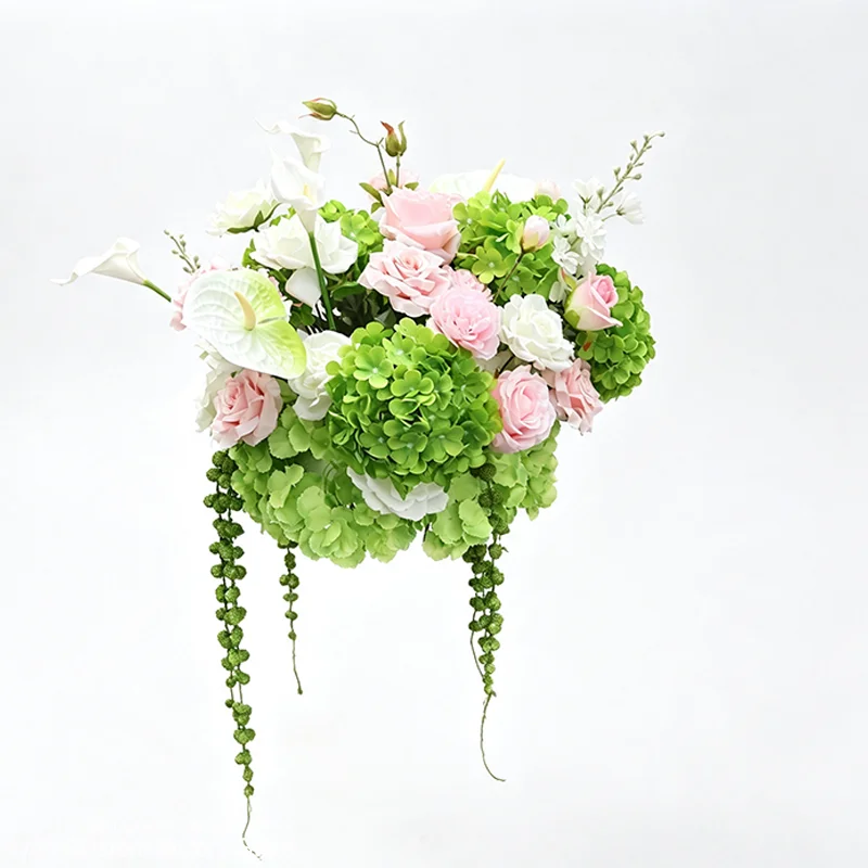 Künstliches Hortensien-Blumenarrangement in Burgunderrot und Grün, Hochzeitstisch-Mittelstück, Blumenball, Calla-Lilie, Amaranthus-Gras, Floristik – Detail 7