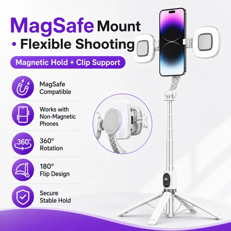 MagSafe Compatible Magnetic Selfie Stick Tripod, Bluetooth Remote 4-Leg Phone Holder Stand for Vlog Live Stream Shooting