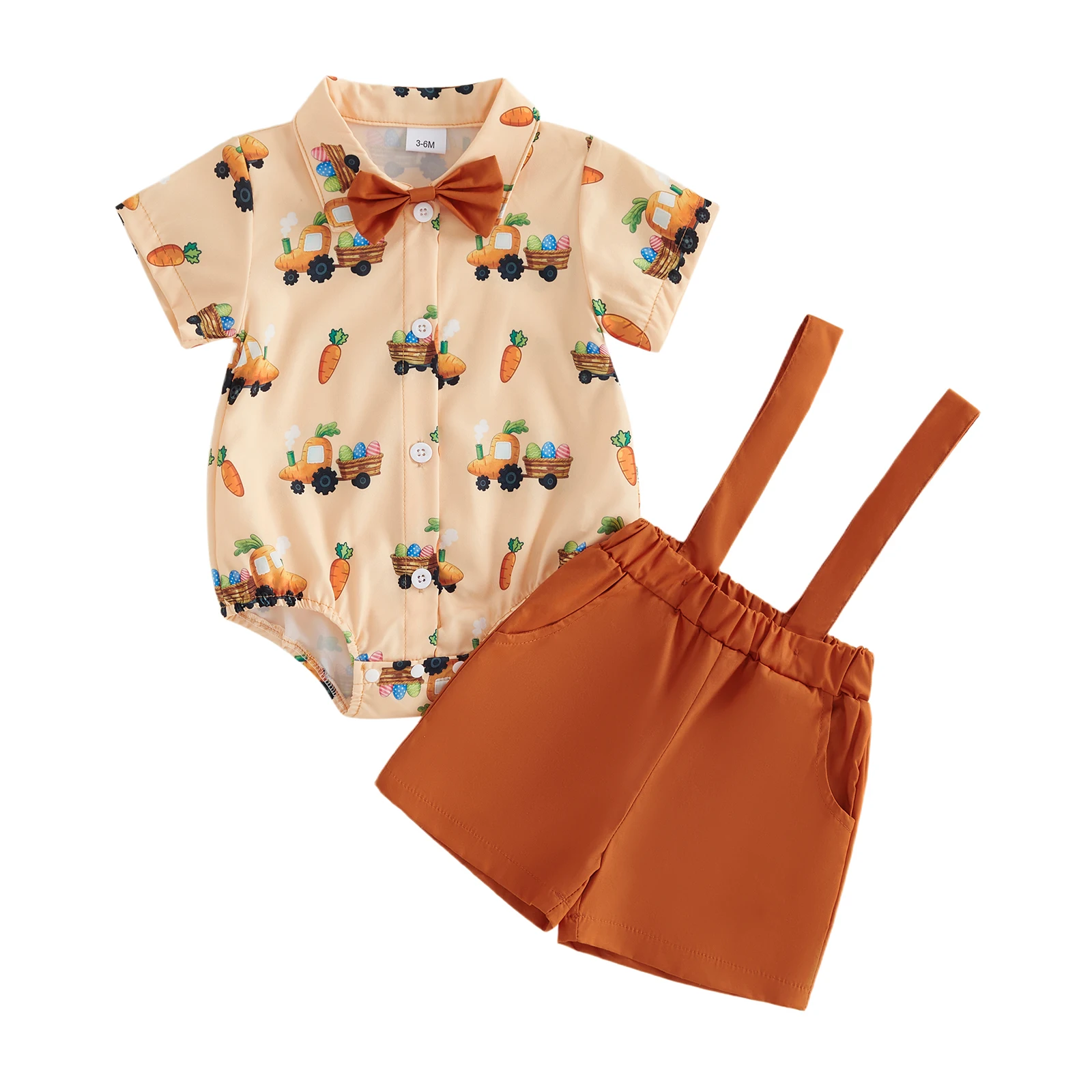 2Pcs Infant Boy Easter Outfit Short Sleeve Lapel Neck Egg Print Bowtie Decor Shirt Romper and Suspender Shorts Set