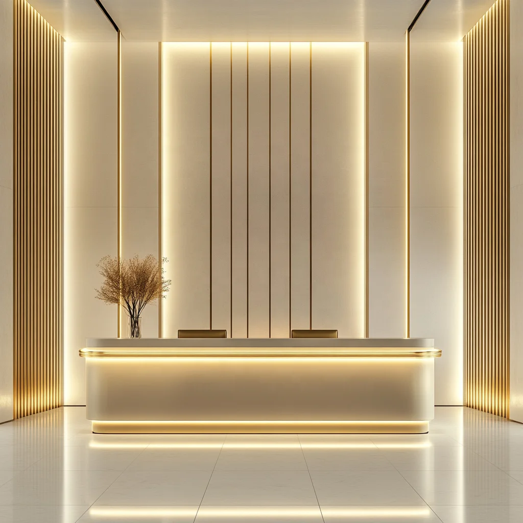 

Customized.Hotel Modern Design Wood Reception Table Beauty Salon Counter Front Desk White Models Office Reception Table