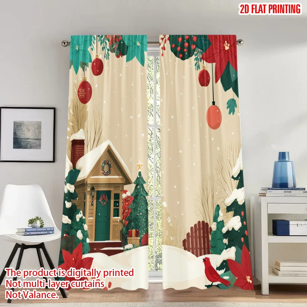 

2pcs 2D flat printing Christmas Classic Hot Curtains cozy cabin snow falling christmas Digital Printed Polyester Drapes Party