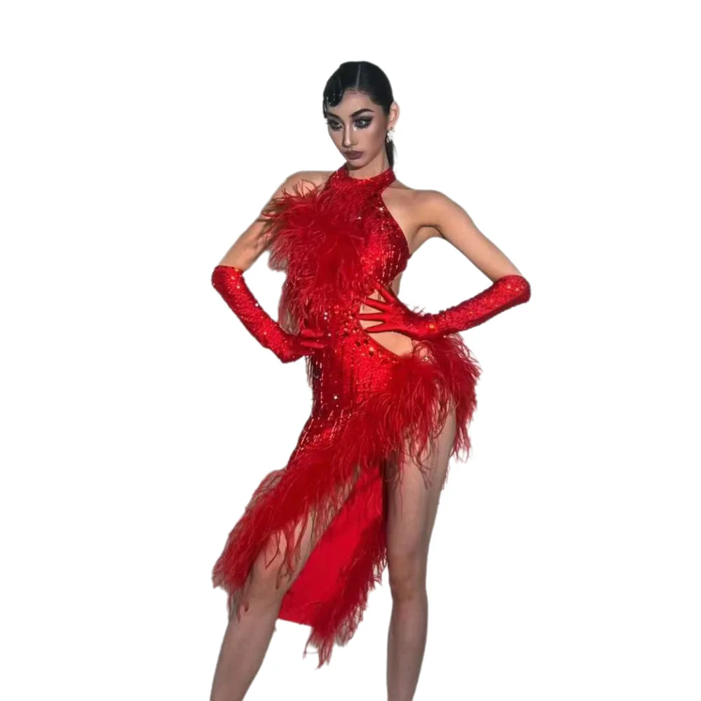 

Latin Dance Adult Children'S Dress AB Stone High-End Custom Ostrich Fur Red Coat Cha Cha Tango Women'S Clothing