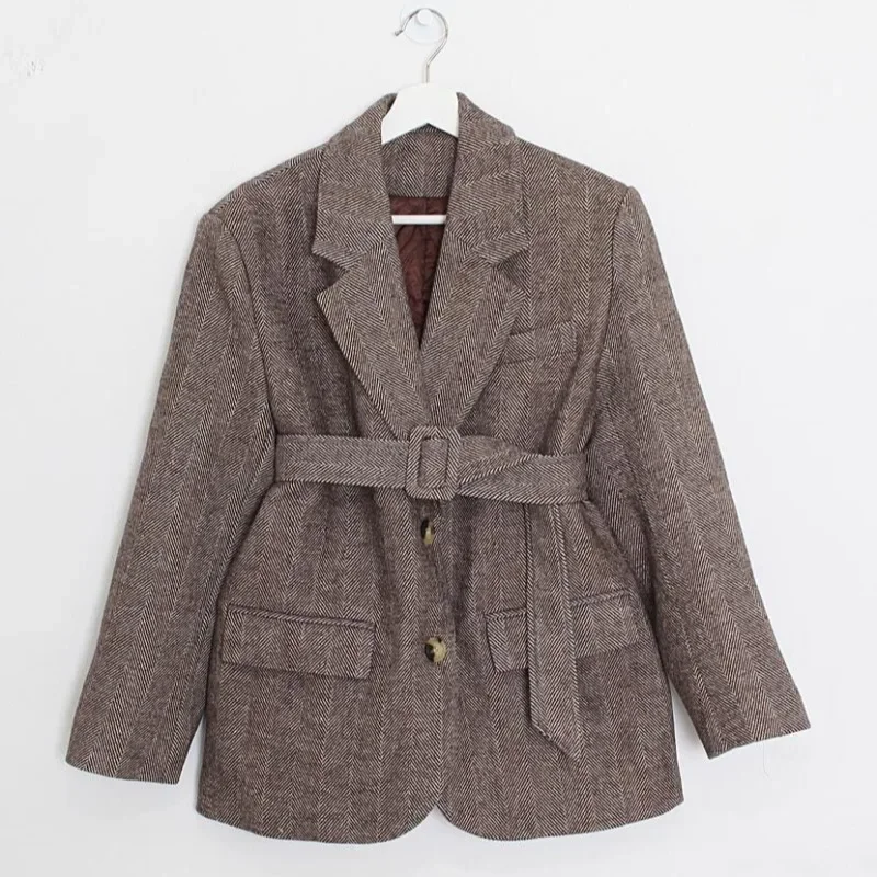 Korean Chic 2024 Autumn Winter Temperament Top Lapel Strap Waist Thickening Cotton Short Coat Herringbone Wool Suit Jacket Woman