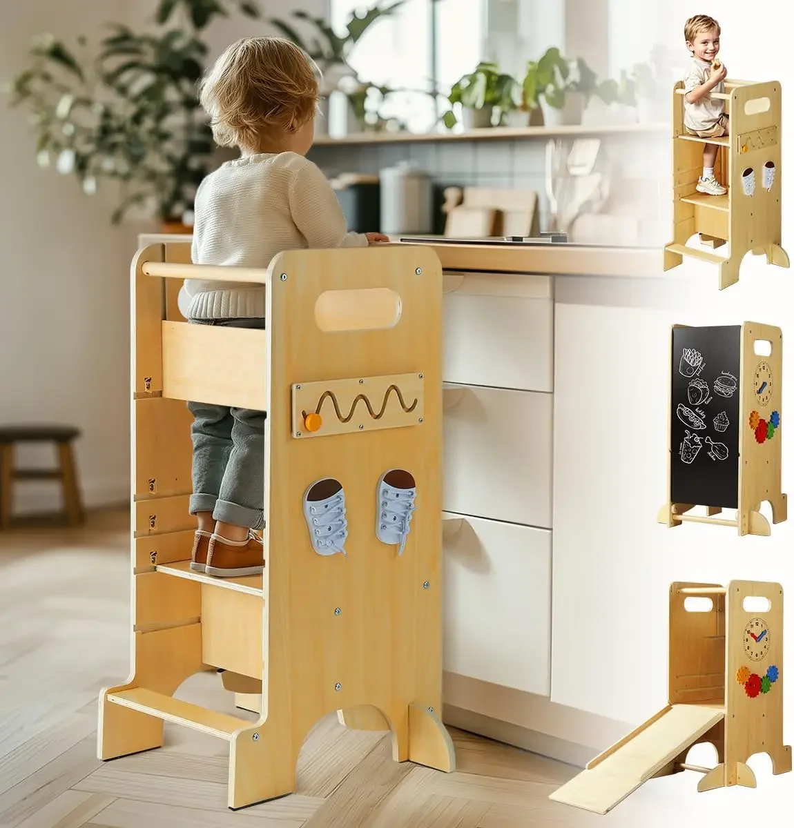 

BestsellerToddler Tower 4 in 1 Toddler Kitchen Stool Helper Standing Tower for Kitchen Counter with Safety Board, 3 Adjustable H