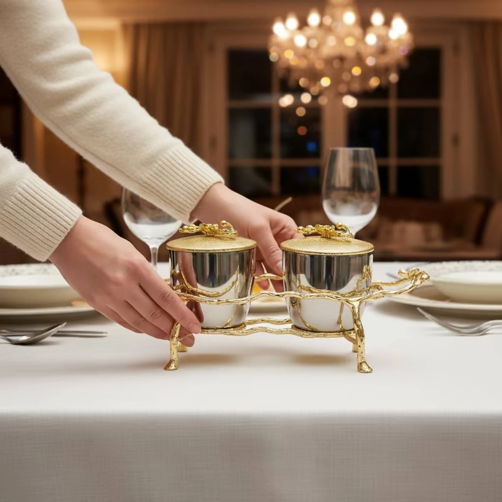 Condiment Jar with Stand Gold-Tone Condiment Jars with Cover Seasoning Container with Holder Elegant Cruet Set Anti-Corrosive