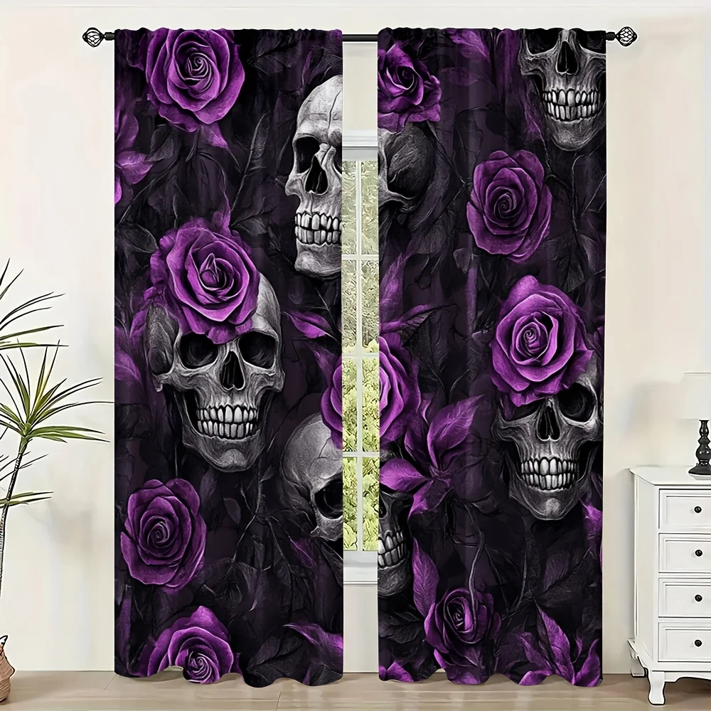 Skull Purple Rose Curtain Panels, Gothic Skulls Blooming Purple Rose Dark Background Print Drapes for Gothic‑Style Bedroom Home