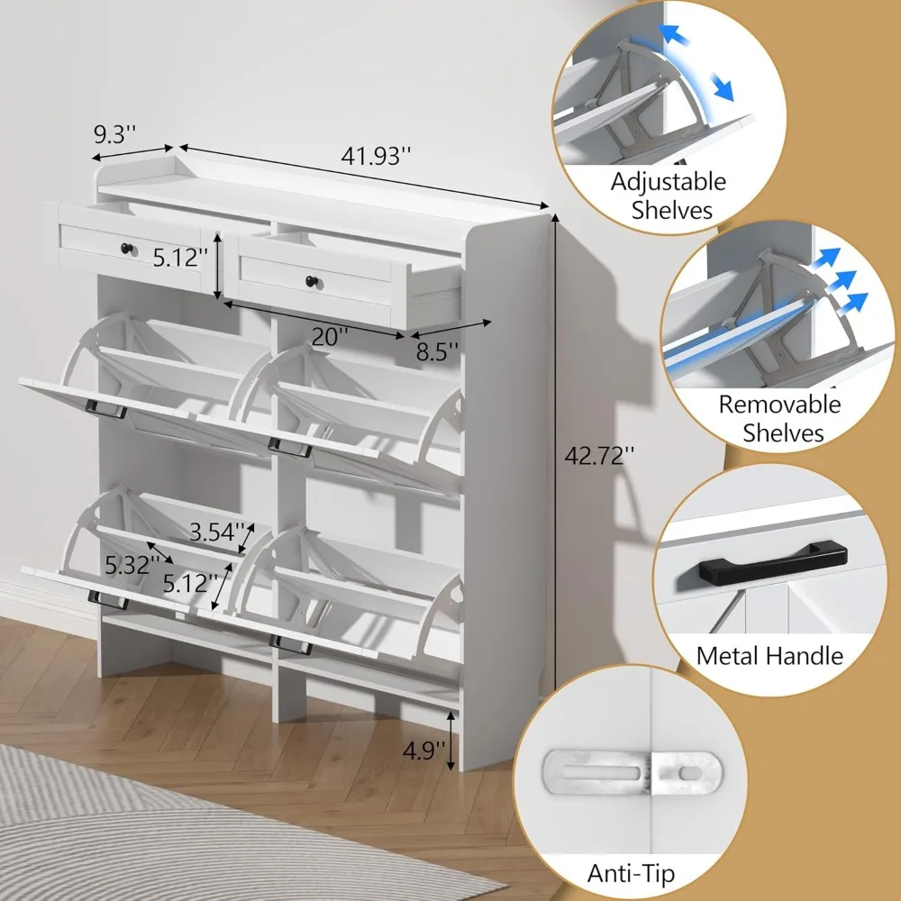 خزانة أحذية على طراز المزرعة الريفية مع 4 أدراج قابلة للطي ودرجين تخزين، ورف منظم أحذية ضيق ونحيف للمنزل #6