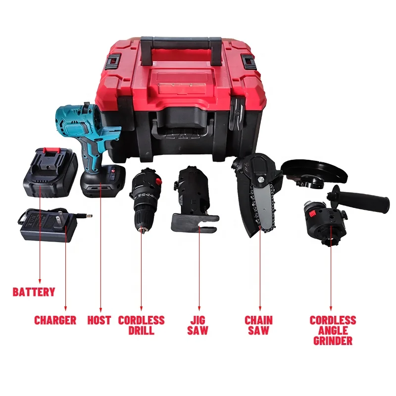 Multifunction Cordless Tool Kits Power Tool Combo Set Jig Saw Chain Saw Cordless Drills Power Angle Grinder with Box