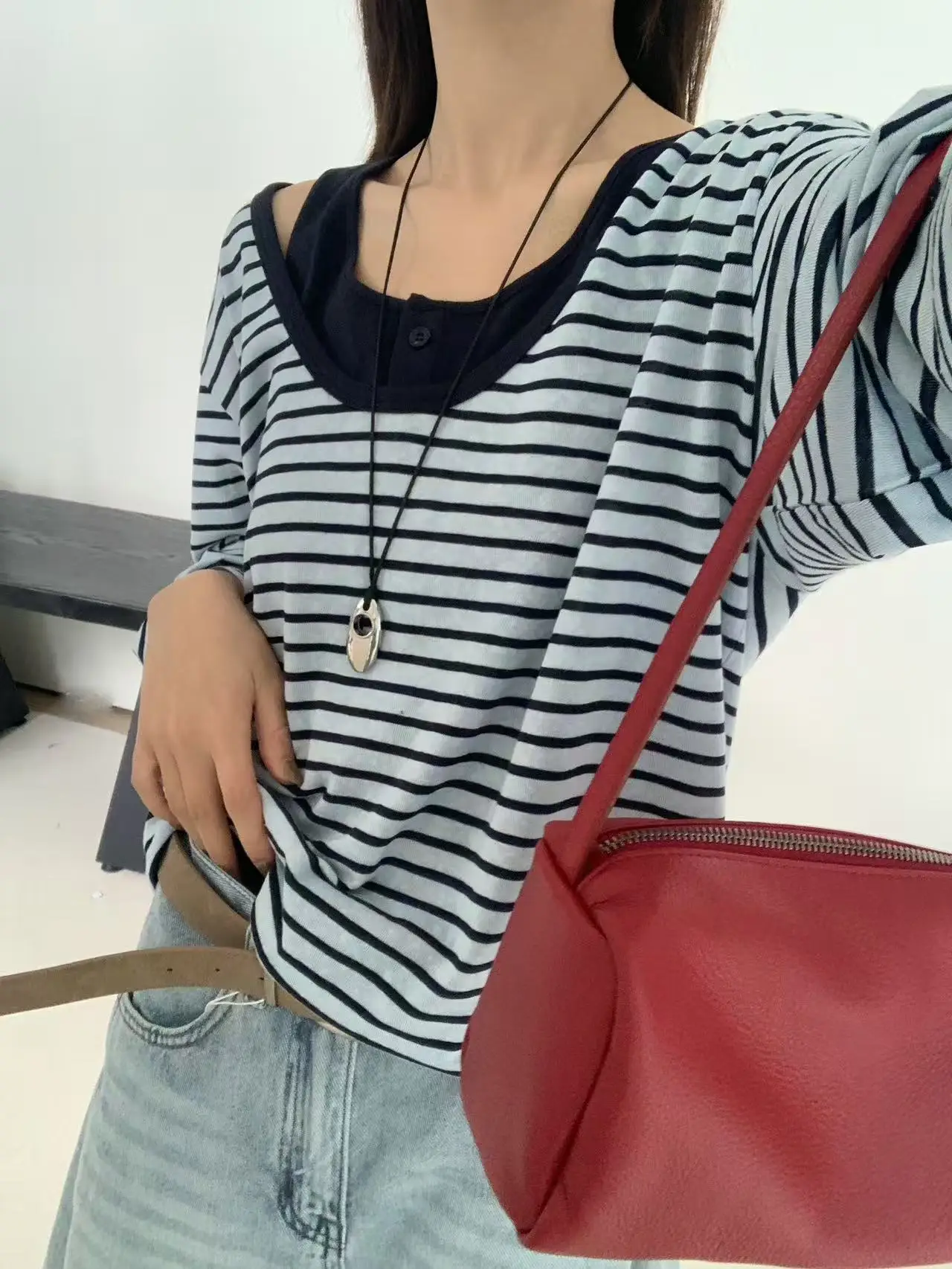 

Lilian Fueeh Women's Long Sve Knitted Stripe Design Top Trendy Commute Sle Loose Fit round Ne Single Piece Spring 2026