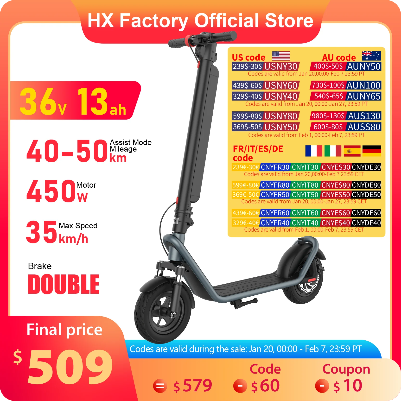 HX 13AH Electric Scooter Powerful 450W 35KM/H Foldable Electric Kick Scooter 10 Inch Smart Escooter For Adults