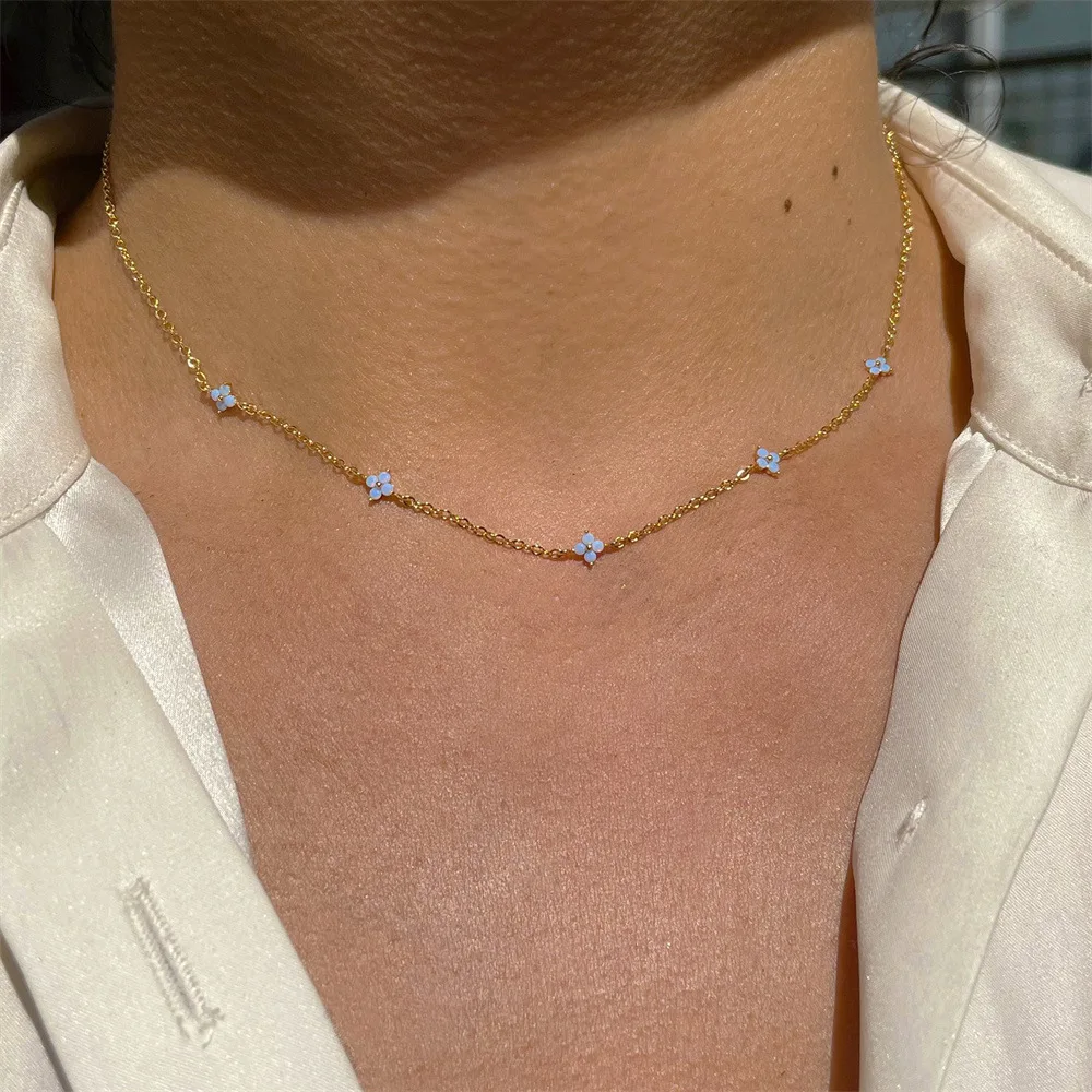 High Quality Tiny Blue Flower Necklace for Women Gold Color Cute Pendant Necklace Trendy Female Birthday Jewelry Bijoux Gift