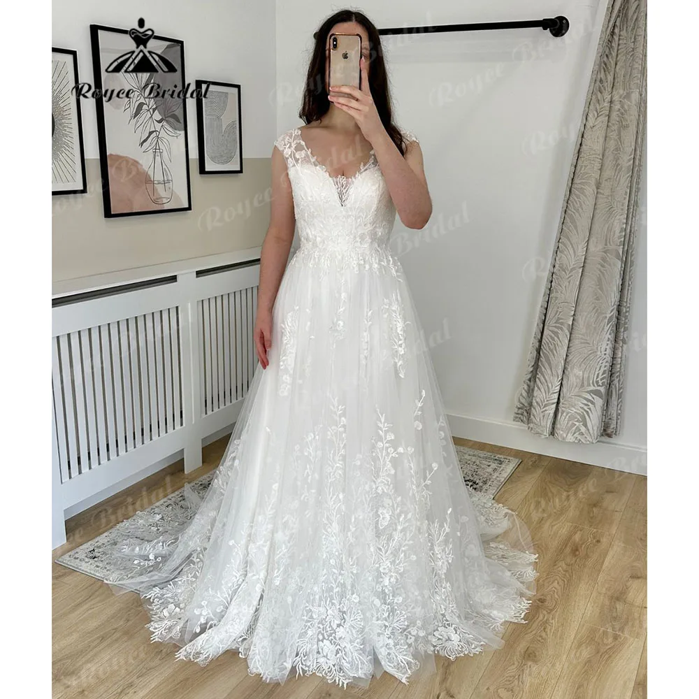 Robe Femme Full Lace V Neck Wedding Dress with Cap Sleeve 2024 Off White Women Bridal Gown Custom Made Vestidos Para Boda Mariag