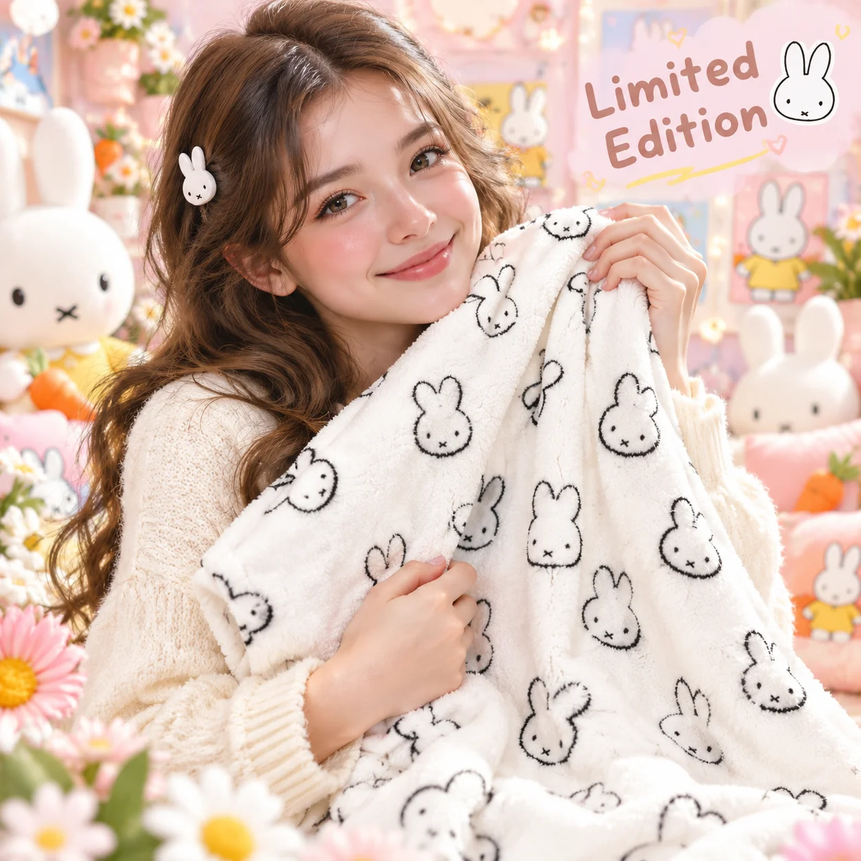 Kawaii Miffy Cute Flannel Soft Warm Cozy Plush Blanket Student Office Napping Sheet Baby Quilt Christmas Gift Toy Portable