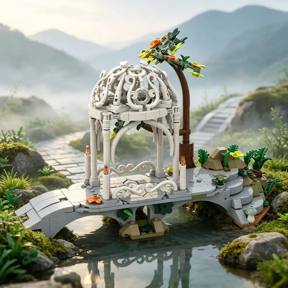 Rivendell Gateway Bricks Model MOC Medieval Rivendell Gateway Street View Building Blocks Assemble Toys Aldult Birthday Gifts