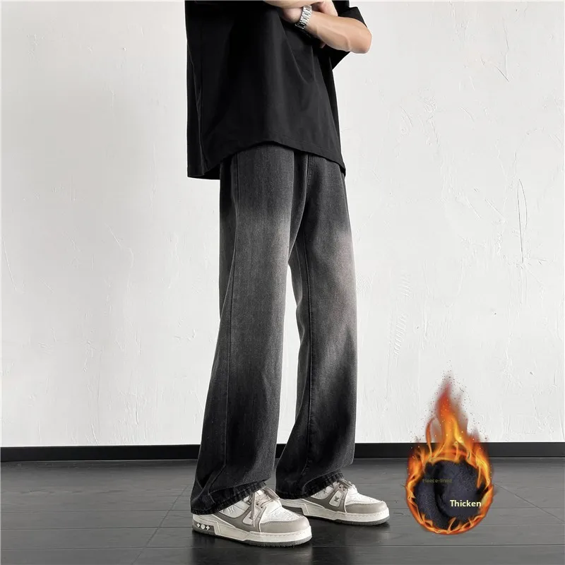 

Зимние мужские джинсы с флисовой подкладкой, градиентные черно-серые, в американском винтажном стиле, с эффектом потертости, свободные, прямые, широкие штанины, в стиле High Street