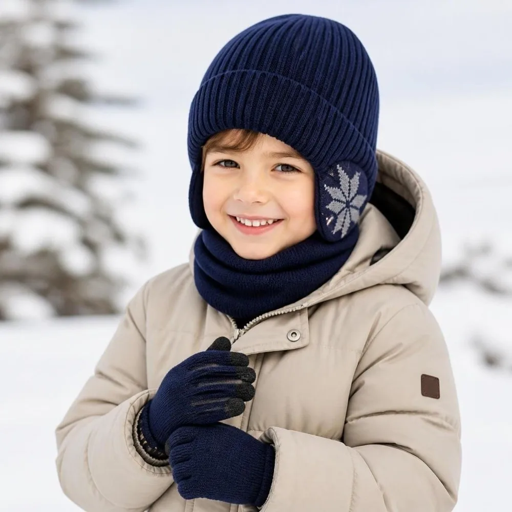 3Pcs Set Warm Winter Hat Scarf Gloves Set Snowflake Pattern Non-slip Gloves Beanie Caps Ear Protection Windproof